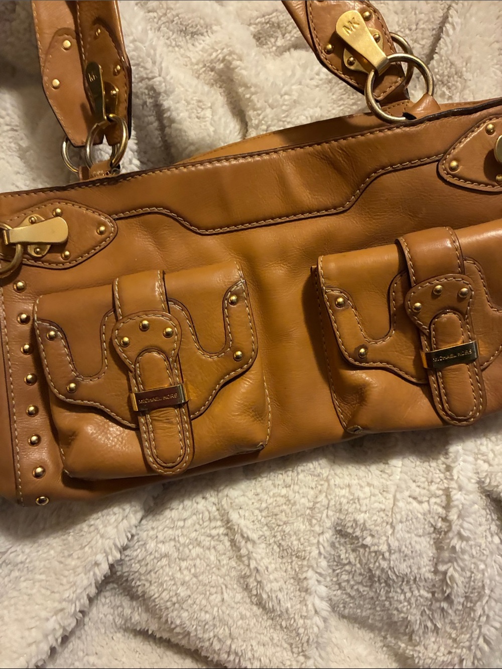 Michael Kors Cognac Leather Shoulder Bag with Front Buckle Pockets